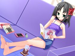 Rule 34 | 100kcal, 1girl, barefoot, black hair, blush, bow, cellphone, choker, couch, drinking straw, feet, green eyes, hair ribbon, crossed legs, looking at viewer, magazine (object), pocky, short hair, sitting, soda, soles, table, toes