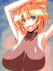 Rule 34 | 1girl, armpits, arms up, banpresto, blonde hair, blue eyes, bodysuit, breasts, excellen browning, fang, happy, high ponytail, huge breasts, impossible clothes, looking at viewer, nipples, no bra, open mouth, ponytail, see-through, smile, solo, super robot wars, super robot wars original generation, tro