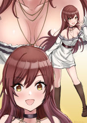 Rule 34 | 1girl, absurdres, bare shoulders, belt, black choker, blush, boots, breasts, brown footwear, choker, cleavage, collarbone, dress, highres, idolmaster, idolmaster shiny colors, jewelry, knee boots, long hair, long sleeves, looking at viewer, medium breasts, nail polish, necklace, open mouth, osaki amana, red hair, smile, solo, standing, swept bangs, v, white dress, yellow eyes, yukito kitto