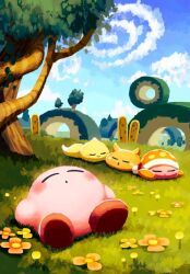 Rule 34 | :o, aruco co, blue sky, blush, blush stickers, chip (kirby), closed eyes, closed mouth, cloud, cloudy sky, commentary request, day, flower, grass, hat, highres, hill, kirby, kirby (series), lying, nightcap, nintendo, no humans, noddy (kirby), on back, on grass, open mouth, orange flower, orange headwear, outdoors, polka dot, polka dot headwear, scarfy, scenery, sky, sleeping, smile, tree, yellow flower