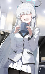 Rule 34 | 1girl, absurdres, black pantyhose, blue archive, blue necktie, blush, breasts, buttons, closed eyes, cowboy shot, cup, formal, gnns, grey hair, halo, highres, holding, holding cup, indoors, large breasts, long hair, long sleeves, mechanical halo, necktie, noa (blue archive), open mouth, pantyhose, pleated skirt, shirt, skirt, smile, solo, suit, white shirt, white skirt