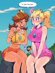 Rule 34 | 1boy, 2girls, ?, absurdres, bare arms, bare shoulders, blonde hair, blue eyes, blue sky, blush, breasts, brown hair, commentary, crop top, crown, day, diforland, earrings, embarrassed, english commentary, english text, excited, facial hair, fingernails, golf club, half-closed eye, hand up, heart, heart-shaped pupils, high ponytail, highres, jewelry, large breasts, leaning forward, lips, long hair, looking at another, luigi, luigi (golf), mario (series), mario golf, medium breasts, midriff, multiple girls, mustache, navel, nintendo, nose blush, open mouth, orange shorts, outdoors, pink shirt, pink shorts, princess daisy, princess peach, shirt, short hair, short shorts, shorts, sky, sleeveless, sleeveless shirt, smile, sphere earrings, spoken question mark, stomach, symbol-shaped pupils, tan, tennis daisy, tennis peach, v arms, visor cap, wide-eyed