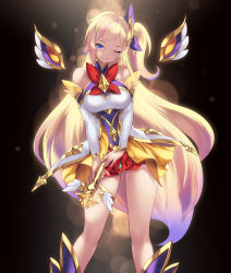 Rule 34 | 1girl, blonde hair, blue eyes, breasts, cait aron, commentary, detached sleeves, english commentary, highres, holding, holding wand, large breasts, league of legends, long hair, looking at viewer, magical girl, one eye closed, one side up, revision, seraphine (league of legends), solo, standing, star guardian seraphine, very long hair, wand, white sleeves