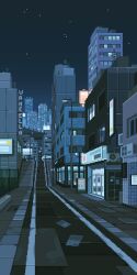 Rule 34 | animated, animated gif, building, city, cityscape, commentary, english commentary, highres, lamppost, looping animation, night, night sky, no humans, original, outdoors, pixel art, road, scenery, shooting star, sky, star (sky), street, waneella