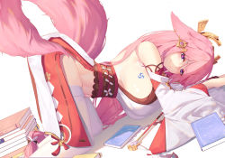 Rule 34 | 1girl, all fours, animal ears, aoi (buzhuen444), ass, black sash, book, book stack, breast tattoo, breasts, cherry blossom print, closed mouth, detached sleeves, dutch angle, ear piercing, earrings, floppy ears, floral print, fox ears, fox tail, from side, full body, genshin impact, gohei, hair between eyes, hair ornament, hanging breasts, huge breasts, japanese clothes, jewelry, long hair, looking at viewer, low-tied long hair, mitsudomoe (shape), navel, obi, obijime, piercing, pink hair, purple eyes, sash, shadow, simple background, skindentation, smile, tail, tattoo, thighhighs, thighs, tomoe (symbol), top-down bottom-up, very long hair, white background, white sleeves, white thighhighs, wide sleeves, yae miko
