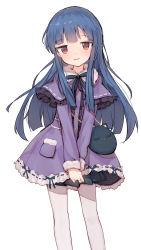 Rule 34 | 1girl, bag, black skirt, blue hair, blunt bangs, capelet, center frills, coat, frilled capelet, frills, highres, idolmaster, idolmaster cinderella girls, lolita fashion, long hair, long sleeves, looking at viewer, pantyhose, parted lips, pleated skirt, purple capelet, purple coat, red eyes, sajo yukimi, shone, shoulder bag, simple background, skirt, solo, v arms, white background