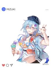 Rule 34 | 1boy, :d, arknights, black collar, black pants, blue hair, blue headwear, character name, collar, earrings, hair between eyes, hand up, highres, holding, holding ice cream cone, ice cream cone, infection monitor (arknights), jacket, jellyfish hair ornament, jewelry, layered sleeves, long hair, looking at viewer, male focus, midriff, mizuki (arknights), multiple rings, open clothes, open jacket, open mouth, pants, pink eyes, ring, shirt, short sleeves, smile, solo, transparent background, trap, v, white jacket, white shirt, yipingtaopuzi