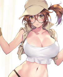 Rule 34 | 1girl, bare arms, bare shoulders, baseball cap, breasts, brown eyes, brown hair, cleavage, crop top, fio germi, glasses, hair between eyes, hat, large breasts, long hair, looking at viewer, matsuda (matsukichi), metal slug, midriff, navel, open clothes, open vest, parted lips, ponytail, round eyewear, shirt, sleeveless, sleeveless shirt, solo, stomach, upper body, vest, white shirt
