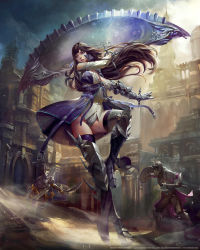 Rule 34 | 1girl, 2boys, armor, armored boots, axe, boots, brown eyes, brown hair, building, couter, dual wielding, final fantasy, gauntlets, gluteal fold, helmet, highres, holding, lips, long hair, looking to the side, meia (final fantasy), mobius final fantasy, multiple boys, sand, shield, standing, standing on one leg, thighhighs, weapon, yu cheng hong
