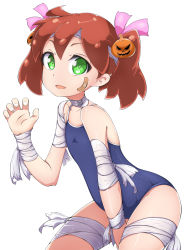 Rule 34 | 1girl, bandages, bandaid, bandaid on face, between legs, blue one-piece swimsuit, brown hair, claw pose, commentary request, competition school swimsuit, flat chest, green eyes, hair ornament, halloween, hand between legs, highres, jack-o&#039;-lantern, leaning forward, long hair, one-piece swimsuit, open mouth, ribbon, saru getchu, sayaka (saru getchu), school swimsuit, simple background, smile, solo, swimsuit, thighs, white background, wolfdale