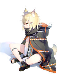 Rule 34 | 1girl, animal ears, arknights, between legs, black cape, blonde hair, blush, cape, closed mouth, from side, hair ornament, hairclip, hand between legs, hood, hood down, hooded cape, indian style, profile, sandals, simple background, sitting, solo, tail, vermeil (arknights), wasabi60, white background