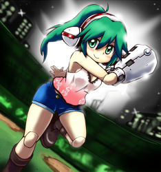 Rule 34 | 1girl, android, bare shoulders, blue shorts, breasts, building, charu (saru getchu), closed mouth, dutch angle, green eyes, green hair, hair between eyes, headphones, joints, leg up, long hair, medium breasts, n36hoko, night, night sky, outdoors, ponytail, robot joints, saru getchu, shorts, sky, smile, solo, standing, standing on one leg, star (sky), tank top