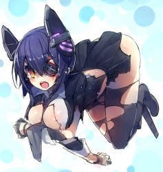 Rule 34 | 10s, 1girl, black hair, black pantyhose, black thighhighs, blush, boots, breasts, cleavage, eyepatch, full body, gloves, headgear, kantai collection, large breasts, open mouth, pantyhose, personification, short hair, simple background, sketch, skirt, solo, tears, tenryuu (kancolle), thighhighs, torn clothes, torn legwear, ukyo rst, white background