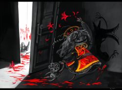 Rule 34 | 1girl, arm up, blood, blood writing, blood on feet, blood on hands, chinese clothes, corpse, different shadow, doll, dragging, dying message, fangs, flower, junko (touhou), koto inari, letterboxed, lily (flower), long hair, monochrome, ominous shadow, open door, red eyes, sash, spot color, tabard, touhou, walking