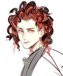 Rule 34 | 13575578188, 1boy, crowley (good omens), demon boy, good omens, highres, looking at viewer, red hair, snake, snake hair, solo, wavy hair, yellow eyes