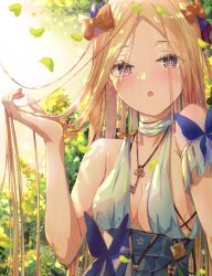 Rule 34 | 1girl, abigail williams (fate), bare shoulders, blonde hair, blue eyes, blue skirt, blush, bow, breasts, dress, fate/grand order, fate (series), forehead, hair bow, halterneck, highres, jewelry, key, key necklace, kinom (sculpturesky), leaf, long hair, looking at viewer, necklace, open mouth, orange bow, parted bangs, purple bow, purple eyes, skirt, small breasts, solo, very long hair, white dress