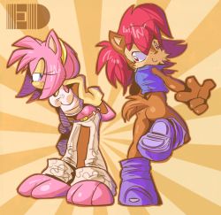 Rule 34 | amy rose, animal ears, animal hands, archie comics, ass, barefoot, boots, bottomless, edtropolis, feet, furry, looking back, midriff, sally acorn, shoes, smile, sonic (series), tail, toes