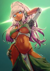 Rule 34 | 1girl, android, blue eyes, breasts, dark-skinned female, dark skin, gradient background, highres, kionaoki, large breasts, long hair, looking at viewer, making-of available, mechanical arms, mechanical parts, navel, original, pink hair, ponytail, signature, solo, underboob