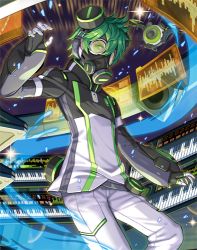 Rule 34 | 10s, 1boy, acidmond, black gloves, cowboy shot, fingerless gloves, gas mask, gloves, green eyes, green hair, holographic interface, instrument, keyboard (instrument), looking at viewer, lowres, male focus, mask, matching hair/eyes, nidy, official art, show by rock!!, solo, stereo
