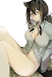 Rule 34 | 1girl, 8root5, absurdres, animal ears, arknights, bare legs, black gloves, black hair, bottomless, breasts, closed mouth, freckles, gloves, grey shirt, halftone, head tilt, highres, large breasts, long hair, looking at viewer, naked shirt, ponytail, robin (arknights), shirt, simple background, sitting, solo, white background, yellow eyes
