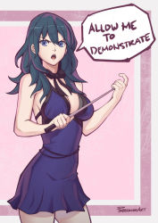 Rule 34 | 1girl, artist name, black bow, black neckwear, blue dress, blue eyes, blue hair, bow, breasts, byleth (female) (fire emblem), byleth (fire emblem), cleavage, commentary, cosplay, cowboy shot, dress, english commentary, english text, final fantasy, final fantasy vii, final fantasy vii remake, fire emblem, fire emblem: three houses, hair between eyes, long hair, looking at viewer, medium breasts, nintendo, open mouth, phrecklesart, pink background, pointer, revision, sideboob, signature, simple background, sleeveless, sleeveless dress, solo, speech bubble, tifa lockhart, tifa lockhart (cosplay), tifa lockhart (refined dress), wall market