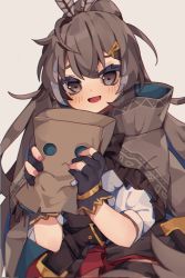 Rule 34 | 1girl, :d, aridonall, belt, brown capelet, brown cloak, brown corset, brown eyes, brown hair, capelet, cloak, corrupted twitter file, corset, dagger, friend (nanashi mumei), gloves, hat feather, hieroglyphics, highres, hololive, hololive english, knife, long hair, multicolored hair, nanashi mumei, open mouth, partially fingerless gloves, ponytail, red skirt, shirt, skirt, smile, streaked hair, very long hair, virtual youtuber, weapon, white shirt