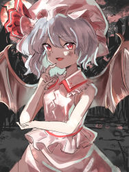 Rule 34 | 1girl, adapted costume, bat (animal), bat wings, collared shirt, commentary, cowboy shot, fangs, finger to mouth, fingernails, frilled shirt, frilled shirt collar, frills, grey hair, hair between eyes, hat, hat ribbon, highres, limited palette, looking at viewer, mob cap, moon, open mouth, outdoors, pink hat, pink shirt, pink skirt, red eyes, red moon, red ribbon, remilia scarlet, ribbon, sharp fingernails, shirt, skirt, sleeveless, sleeveless shirt, solo, sutaku77224, touhou, wings