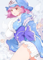 Rule 34 | 1girl, arm garter, blue bow, blue hat, blue kimono, blue ribbon, blush, bow, breasts, floral print headwear, floral print kimono, frilled bow, frilled garter, frilled kimono, frills, ghost, gradient background, grey background, hat, hitodama, huge breasts, japanese clothes, kimono, kinako (mzknk0), long sleeves, looking at viewer, looking to the side, mob cap, obi, obijime, open mouth, perfect cherry blossom, pink hair, red eyes, ribbon, ribbon-trimmed bow, ribbon-trimmed kimono, ribbon-trimmed sleeves, ribbon trim, saigyouji yuyuko, sash, shiny skin, short hair, smile, solo, standing, thighs, touhou, triangular headpiece, wide sleeves