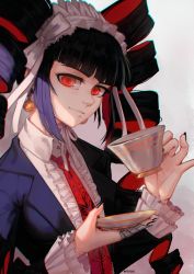 Rule 34 | 1girl, artist name, black hair, black jacket, black nails, blunt bangs, bonnet, celestia ludenberg, center frills, claw ring, closed mouth, collared shirt, colored inner hair, commentary request, cup, danganronpa: trigger happy havoc, danganronpa (series), dress, drill hair, earrings, frilled dress, frilled sleeves, frills, gothic lolita, gradient background, grey background, hairband, highres, holding, jacket, jewelry, lolita fashion, lolita hairband, long hair, long sleeves, looking at viewer, multicolored hair, nail polish, necktie, print necktie, print neckwear, red eyes, red necktie, remonoart, shirt, smile, solo, teacup, twin drills, twintails, upper body, white shirt