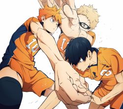 Rule 34 | 3boys, artist request, black hair, blonde hair, blue eyes, brown eyes, cleaned, fingernails, glasses, haikyuu!!, highres, hinata shouyou, jersey, kageyama tobio, knee pads, multiple boys, official art, orange hair, orange jersey, short hair, shorts, sweat, tsukishima kei, volleyball block, volleyball receive, volleyball serve, white background, yellow eyes