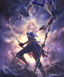Rule 34 | 1girl, armored boots, armpits, banner, blue eyes, blue pants, boots, cloud, cloudy sky, day, floating hair, gloves, granblue fantasy, highres, hisakata souji, holding, holding sword, holding weapon, jeanne d&#039;arc (granblue fantasy), knee boots, long hair, looking at viewer, outdoors, pants, red gloves, shadowverse, shingeki no bahamut, silver hair, sky, solo focus, standing, sword, weapon