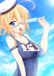 Rule 34 | 10s, 1girl, ;p, ahoge, blue eyes, blush, breasts, cloud, day, food, glasses, hat, highres, i-8 (kancolle), kantai collection, looking at viewer, medium breasts, nugi (armenci), one-piece swimsuit, one eye closed, popsicle, red-framed eyewear, school swimsuit, semi-rimless eyewear, sexually suggestive, sky, solo, swimsuit, tongue, tongue out, under-rim eyewear, wet