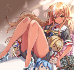 Rule 34 | 1girl, absurdres, adjusting eyewear, bare legs, breasts, brown eyes, brown hair, character doll, commentary request, dark-skinned female, dark skin, dress, elf, floating hair, glasses, grey dress, high heels, highres, hololive, hoshimachi suisei, knees together feet apart, knees up, long hair, looking at viewer, medium breasts, multicolored hair, omaru polka, omaru polka (1st costume), open mouth, pointy ears, ral (ralf), sakura miko, shiranui flare, shiranui flare (street), short sleeves, solo, streaked hair, striped clothes, striped dress, vertical-striped clothes, vertical-striped dress, very long hair, virtual youtuber, white hair