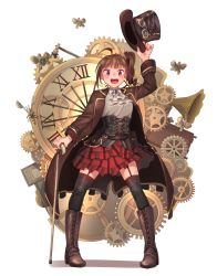 Rule 34 | 1girl, ahoge, black thighhighs, blush, boots, breasts, brown footwear, brown hair, bug, butterfly, cane, corset, drill hair, full body, garter straps, gears, goggles, goggles on headwear, hat, unworn hat, unworn headwear, highres, holding, holding clothes, holding hat, idolmaster, idolmaster million live!, insect, kamille (vcx68), knee boots, large breasts, looking at viewer, open mouth, phonograph, purple eyes, red skirt, short hair, side drill, skirt, smile, solo, steampunk, thighhighs, yokoyama nao