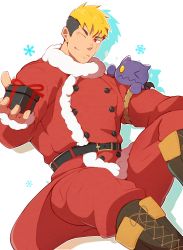 Rule 34 | 1boy, absurdres, bara, belt, blonde hair, box, christmas, creature, cross-laced footwear, crow (siranui), feet out of frame, gift, gift box, highres, jacket, male focus, multicolored hair, muscular, muscular male, official alternate costume, red eyes, red jacket, santa costume, scar, scar across eye, scar on face, short hair, sideburns, solo, onogami tetsuya, tokyo houkago summoners, two-tone hair, undercut