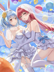 Rule 34 | 2girls, absurdres, animal ear fluff, animal ears, aria honmono, bare shoulders, blue hair, blush, breasts, bridal veil, carrot hair ornament, cleavage, covered navel, dress, elbow gloves, food-themed hair ornament, frilled dress, frills, garter straps, gloves, hair between eyes, hair ornament, heart, heart in eye, heterochromia, highres, hololive, houshou marine, large breasts, long hair, looking at viewer, medium breasts, multicolored hair, multiple girls, open mouth, orange eyes, rabbit ears, rabbit girl, red eyes, red hair, short hair, sleeveless, sleeveless dress, strapless, strapless dress, symbol in eye, thick eyebrows, thighhighs, twintails, two-tone hair, usada pekora, veil, virtual youtuber, wedding dress, white dress, white gloves, white hair, white thighhighs, yellow eyes