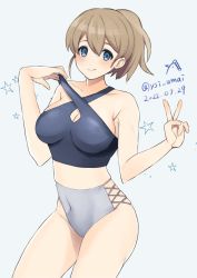 Rule 34 | 1girl, artist logo, bikini, blue eyes, breasts, brown hair, commentary request, cowboy shot, dated, highres, intrepid (kancolle), kantai collection, large breasts, looking at viewer, mismatched bikini, one-hour drawing challenge, ponytail, short hair, simple background, solo, swimsuit, toriniku senshi chikinman, twitter username, white background