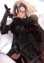 Rule 34 | 1girl, armor, black armor, black cape, black gloves, black thighhighs, blonde hair, breasts, cape, chain, chienon, fate/grand order, fate (series), gloves, headpiece, highres, holding, holding sword, holding weapon, jeanne d&#039;arc (fate), jeanne d&#039;arc alter (avenger) (fate), jeanne d&#039;arc alter (fate), looking at viewer, medium breasts, over shoulder, plackart, short hair, solo, sword, sword over shoulder, thighhighs, vambraces, weapon, weapon over shoulder, yellow eyes