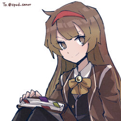 Rule 34 | 1girl, alonemistrist, book, bow, bowtie, brown coat, brown eyes, brown hair, closed mouth, coat, hairband, holding, holding book, library of ruina, long hair, looking at viewer, malkuth (project moon), project moon, red hairband, smile, solo, white background