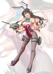 Rule 34 | 1girl, adapted costume, adapted turret, aqua bow, aqua bowtie, black hair, bow, bowtie, breasts, cannon, fishnet pantyhose, fishnets, hairband, high heels, kantai collection, large breasts, leotard, long hair, moke ro, multicolored hair, naganami (kancolle), pantyhose, pink hair, playboy bunny, purple footwear, purple leotard, solo, strapless, strapless leotard, thigh strap, torpedo launcher, two-tone hair, wavy hair, white hairband, wrist cuffs, zoom layer