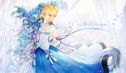 Rule 34 | 1girl, adapted costume, ahoge, alternate costume, arm ribbon, artoria pendragon (fate), bai qi-qsr, blonde hair, blue flower, blue ribbon, blue rose, blue skirt, bow, braid, breasts, capelet, character name, choker, cleavage, closed mouth, commentary, commentary request, crown braid, curtains, english commentary, fate/grand order, fate (series), feet out of frame, flower, flower choker, green eyes, hair bun, highres, long skirt, looking at viewer, medium breasts, mixed-language commentary, outstretched hand, petals, ribbon, rose, see-through, see-through capelet, shirt, shirt bow, short hair, side slit, sideboob, single hair bun, skirt, sleeveless, sleeveless shirt, smile, solo, white background, white bow, white choker, white shirt