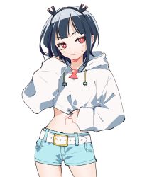 Rule 34 | 1girl, belt, belt buckle, black hair, black hairband, blue shorts, blush, buckle, closed mouth, commentary request, cosplay, crop top, drawstring, eyebrows hidden by hair, hairband, head tilt, highres, hikasa tomoshika, hikasa tomoshika (cosplay), hood, hood down, hoodie, jitomi monoe, kiko (kikobooom), long sleeves, looking at viewer, magnet, midriff, nail polish, navel, red eyes, short shorts, shorts, simple background, sleeves past wrists, solo, sweat, v-shaped eyebrows, virtual youtuber, voms, white background, white belt, white hoodie