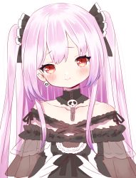 Rule 34 | 1girl, blush, collarbone, commentary request, earrings, gothic lolita, head tilt, highres, hololive, jewelry, lolita fashion, looking at viewer, maitou, pink hair, red eyes, simple background, skull earrings, smile, solo, two side up, upper body, uruha rushia, uruha rushia (3rd costume), virtual youtuber, white background