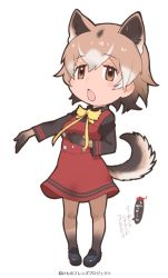Rule 34 | 10s, 1girl, animal ears, brown eyes, character name, chestnut mouth, colored extremities, dog ears, dog tail, dress, full body, hair between eyes, kemono friends, light brown hair, neck ribbon, new guinea highland wild dog (kemono friends), official art, open mouth, original, outstretched arm, pigeon-toed, ribbon, shoes, short hair, solo, standing, tail, watermark, white background, yoshizaki mine