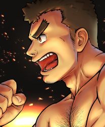 Rule 34 | 1boy, bara, barry go, brown hair, chest hair, embers, facial hair, forked eyebrows, from side, goatee, highres, takabushi kengo, long sideburns, male focus, muscular, muscular male, nude, pectorals, short hair, shouting, sideburns, solo, stubble, thick eyebrows, tokyo houkago summoners, upper body