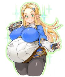 Rule 34 | 1girl, big belly, black pants, blonde hair, braid, breasts, commentary request, covered navel, cropped legs, crown braid, fanny pack, fingerless gloves, gloves, green eyes, hair ornament, hairclip, huge breasts, long hair, nintendo, pants, parted bangs, pointy ears, pregnant, princess zelda, sachito, sheikah slate, solo, sparkle, taut clothes, the legend of zelda, the legend of zelda: breath of the wild, thick thighs, thighs, tight clothes, tight pants