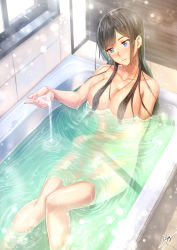 Rule 34 | 1girl, bare shoulders, bath, bathing, bathroom, black hair, blue eyes, blurry, bokeh, breasts, cleavage, closed mouth, collarbone, commentary, completely nude, depth of field, eyelashes, feet out of frame, fingernails, forehead, hair censor, hair over breasts, hair over shoulder, hand up, head tilt, highres, indoors, kazeno, knees together feet apart, light particles, mole, mole under eye, nude, original, parted bangs, rainbow gradient, shiny skin, signature, sitting, smile, solo, water, wet, window
