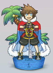 Rule 34 | 1boy, :d, blue eyes, brown hair, cape, character name, full body, fur trim, keyblade, kingdom hearts, kiwi (11241124), looking at viewer, male focus, open mouth, smile, solo, sora (kingdom hearts), spiked hair, standing