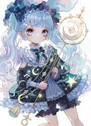 Rule 34 | 1girl, blue eyes, blue hair, blue nails, blush, crescent, dress, earrings, frilled dress, frilled hairband, frills, hairband, headdress, highres, holding, jewelry, lolita fashion, long hair, looking at viewer, nail polish, original, ribbon, shirosaki london, simple background, smile, solo, staff, standing, star (symbol), twintails, very long hair, white background
