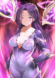 Rule 34 | 1girl, 47agdragon, arm at side, arm guards, armor, aura, black gloves, blush, bodysuit, breasts, cleavage, closed mouth, collarbone, commentary request, covered navel, cowboy shot, facial mark, floating, floating object, forehead mark, gloves, highres, kai&#039;sa, large breasts, league of legends, long hair, looking at viewer, purple bodysuit, purple eyes, purple hair, shoulder armor, smile, solo